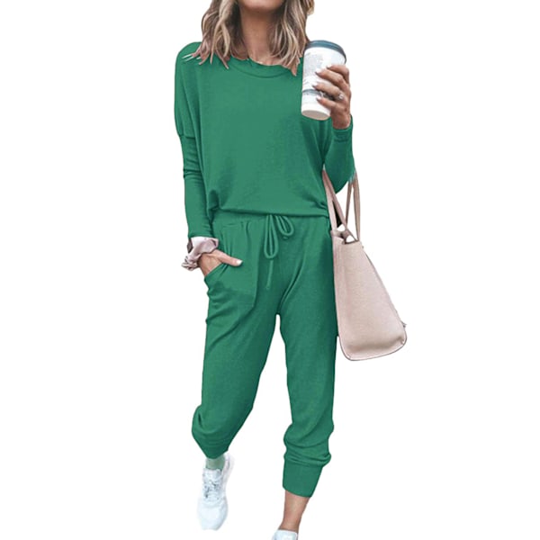 Dame 2-delt outfit Løstsiddende Strækbar Snyd Langærmet Trøje Bukser Efterår Loungewear Pyjamas Sæt Grøn L