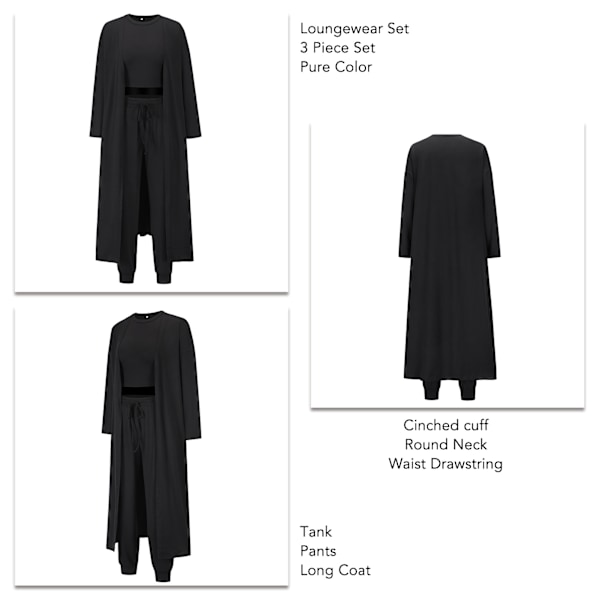 Kvinnor Pyjamas Set Höst Vinter Hem Kläder Set 3 delar Loungewear Set Väst Byxor Cardigan Set Black XL
