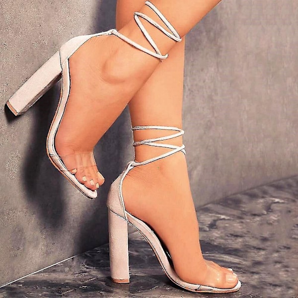 Clear Lace Up High Heel Ankle Strap Sandals - Apricot - Size 39