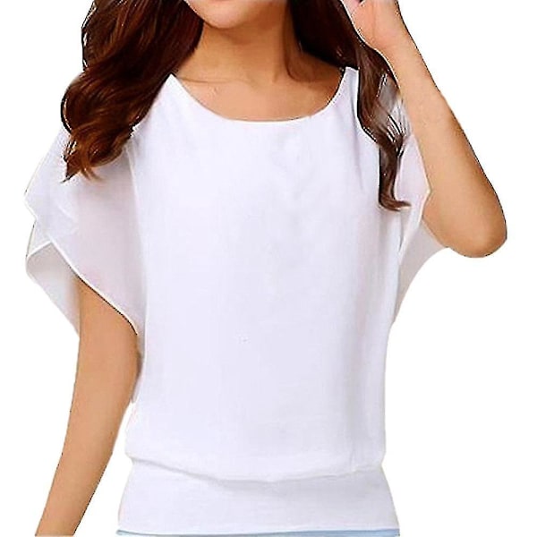 Avslappnad, lös passform, vit chiffong fladdermusärm dam T-shirt