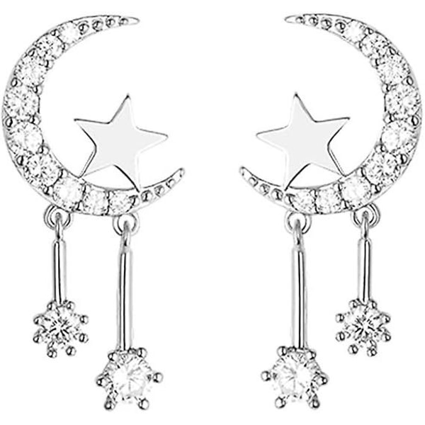 925 Sterling Silver Crescent Moon Star Studs örhängen för kvinnor Tonårstjejer Cz Simulated Diamond Earrings Star Tofs örhängen Silver