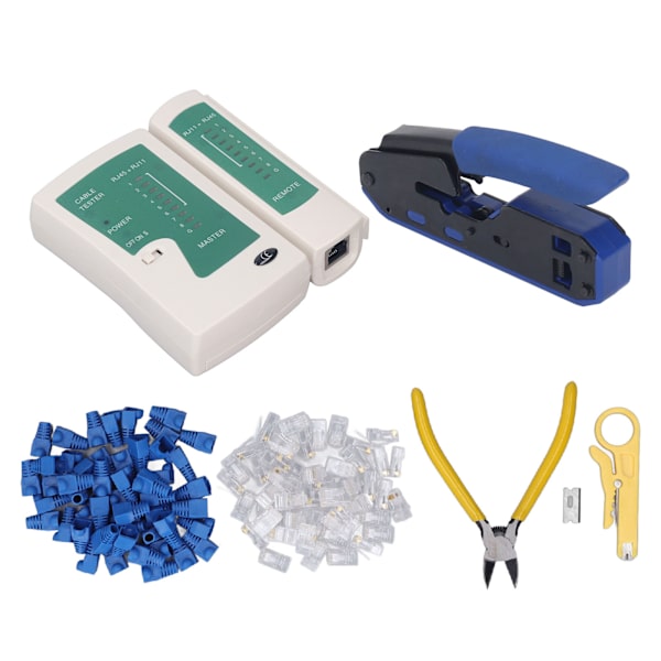 RJ45 Krympeverktøysett Strippetang 8P8C Krystallhode Nettverkstestersett for Cat5 Cat6 Kontakt