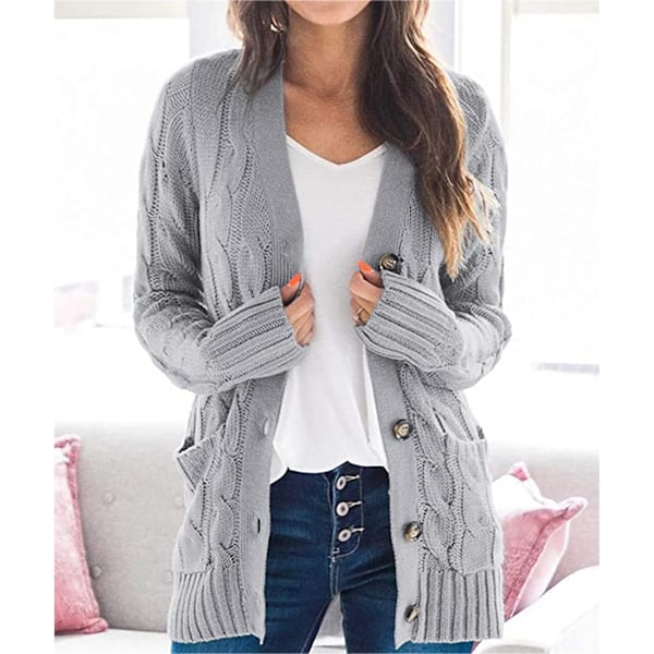 Kvinnor Cardigan Tröjor Höst Vinter Ren Färg Twist Stickad Snygg Casual Kvinnor Långärmad Kofta Grå M