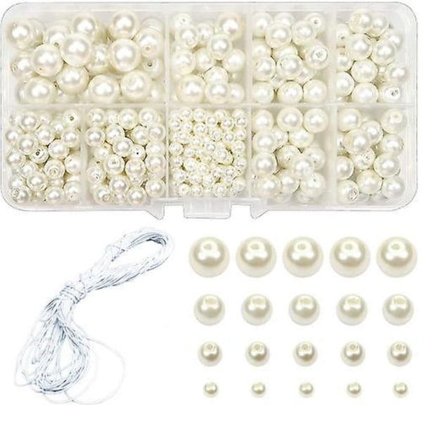Hvide perleglasperler, en pakke med 488 runde perler, brugt til smykkefremstilling