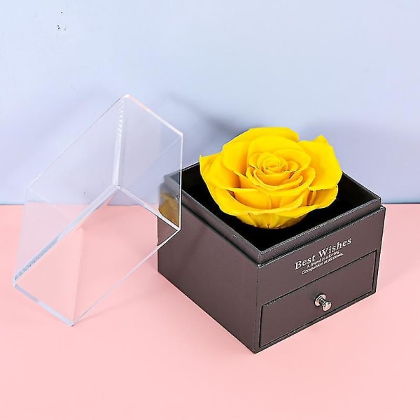 Eternal Rose presentask, smyckeskrin med äkta blommor, romantisk presentask för henne på årsdagen Alla hjärtans dag födelsedag Yellow