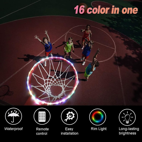 LED Basketball Hoop Lys med Fjernbetjening Basketball Ring LED Lys 4 Tilstande 16 Farver Vandafvisende til Træning Spil Udendørs om Natten
