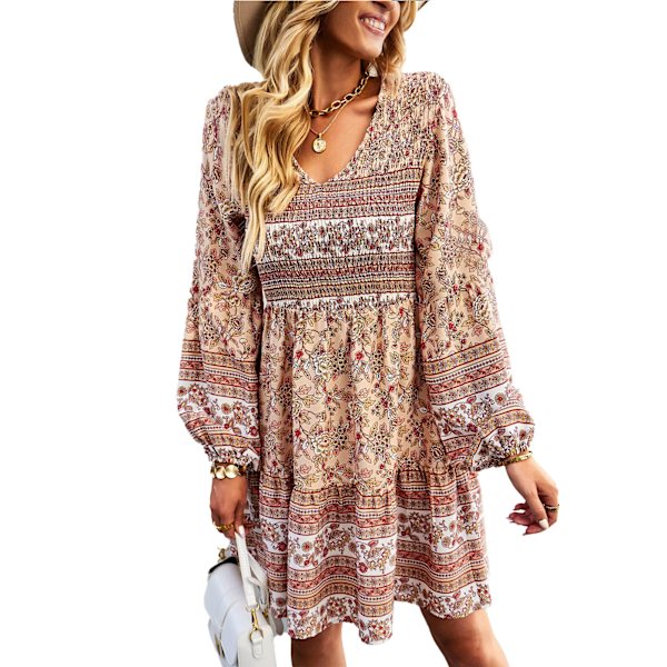 V-hals lang puffetærmet kjole Kvinner Fashionable Elegant Stretch Rynket blomsterkjole for strandfest Khaki M
