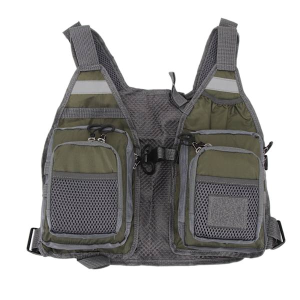 Fiskevest med remme, fluefiskevest, 8 lommer, Oxford-stof, reflekterende striber, mesh-for, justerbar fiskeudstyr til udendørs, OD grøn