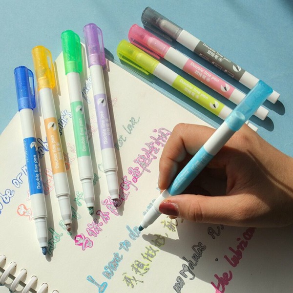 8 farver/sæt Dream Color Double Line Pen Creative Gel Highlighter Marker Painting Pen til DIY Journal Dagbog Hand Accont, model: Multicolor