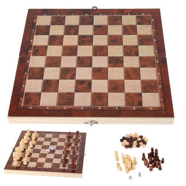 Schack- och damspel i trä 3-i-1 - 24cm x 24cm