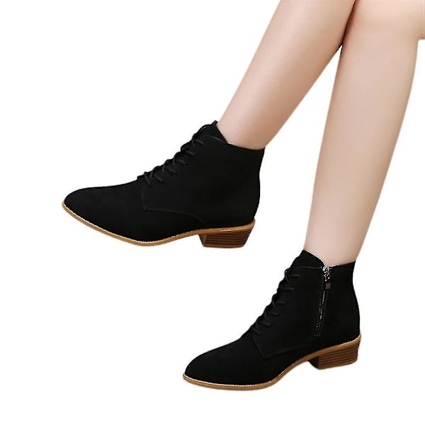 Black Suede Lace-up Ankle Boots with Zipper - Women's Pointed Toe Low Heel Bootie