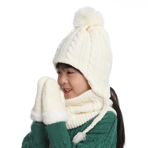 3st Baby Vinter Mössa Scarf Handskar Set Stickad Fleece Fodrad Mössa med Pompom Twist Fläta Utomhus Varm Mössa för 2-5 år Barn Pojkar Flickor