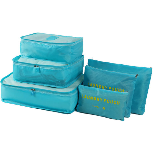 6 stk Pakkekuber Bagasjeposer Organisering Slitesterk reisebagasjepakkerisett med himmelblå toalettmappe, modell: blå