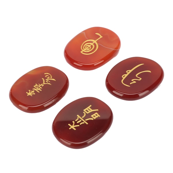 4 stk. Naturlige Runesten med Graverede Reiki Symboler Flade Ovale Meditationsrunesten med Opbevaringspose Rød Agat