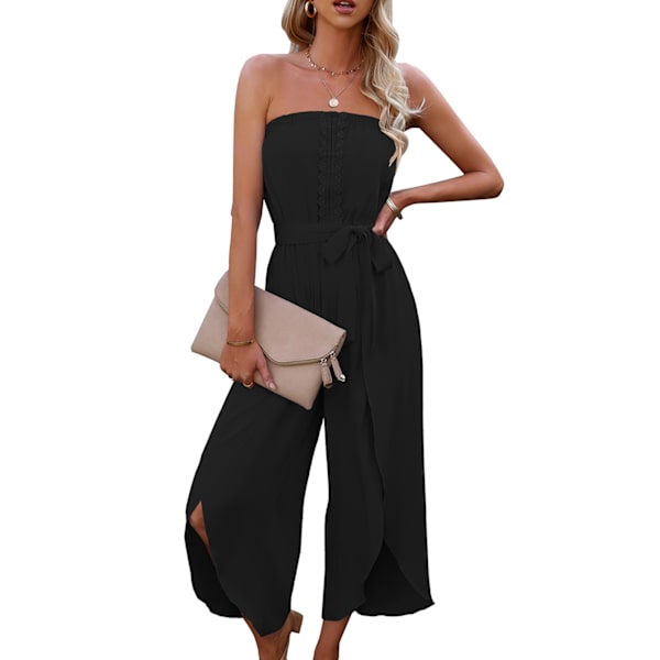 Dame Off Shoulder Croppede Jumpsuit Tube Top Playsuit Spidskant Casual Løstsiddende med Bælte til Daglig Arbejdsfest L Sort