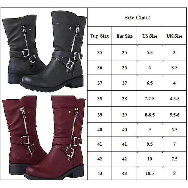 Bred Mid Calf Svarta Biker Boots för Kvinnor - Storlek 41