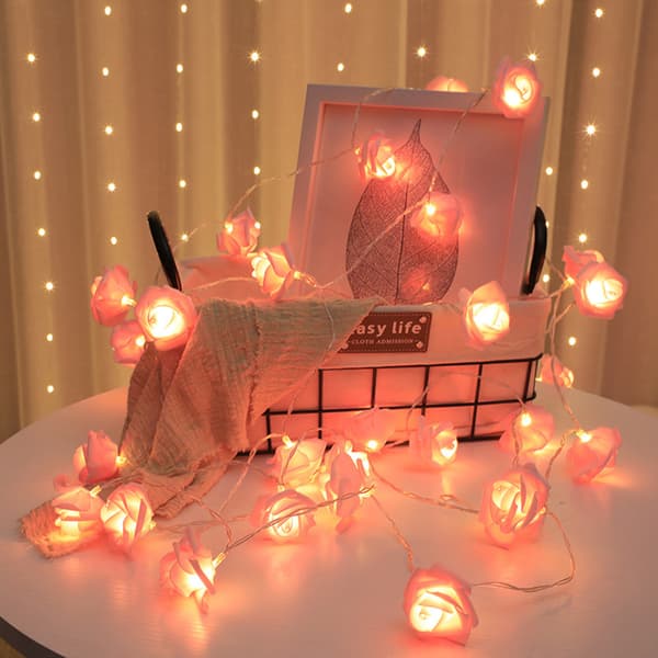 LED String Light Imitation Rose String Light Bryllup String Light Festival Dekoration Lys Rosa