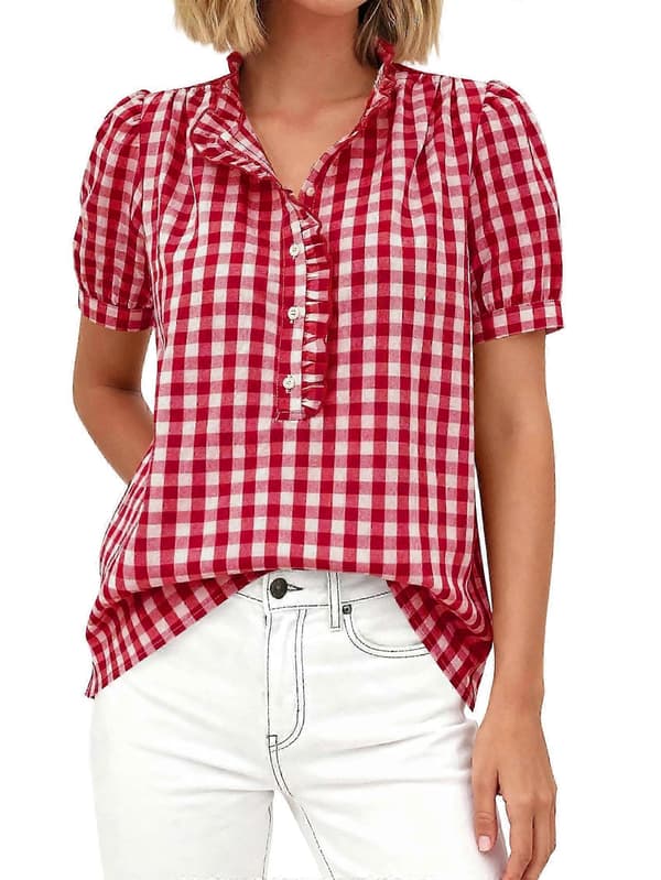 XXL Rød Ternede Flæse V-hals Knapbluse Til Damer Kortærmet Casual Bluse Red checkered Xxl