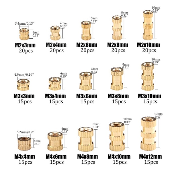 250 stk/Sæt M2 M3 M4 Knurlet Indsatsmøtrik Messing Indsatsmøtrik 3MM 4MM 6MM 8MM 10MM 12MM