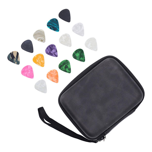 Guitar Pick Bag Set Celluloid Picks Förvaringsväska Hållare Fodral PU Läder för instrumenttillbehör Svart