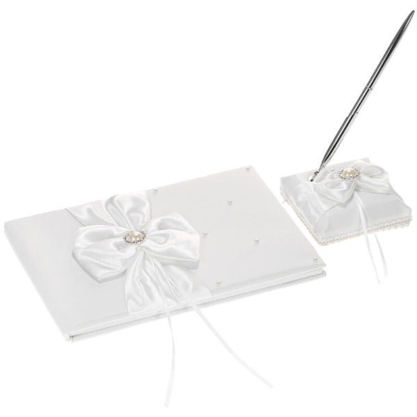 Bryllupskille signaturbog med hvidt satinbånd og penneholder med rhinsten imiteret perle sløjfedekoration