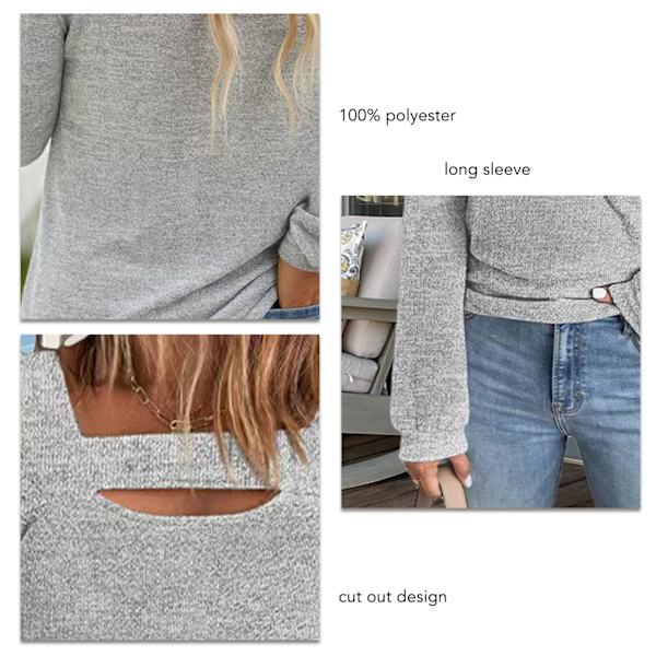Kvinner kald skuldertopp Cut Out Design Ensfarget Fashionabel Langærmet Bluse for Hjemmekjøp Grå XXL