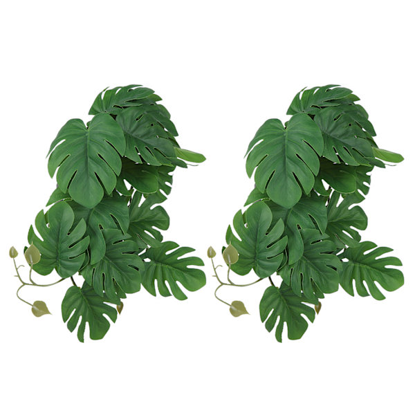 2 ST. Kunstig Vandplante Simulering Vinranke Naturtro Plastblad Dekoration med Sugkop til Akvarium Monstera Blade