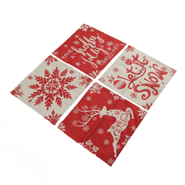 4 stk. Juleputetrekk 45x45cm Hjort Snøfnugg Snømann Komfortable Myke Lin Juleputetrekk til Hjem Sofa 01