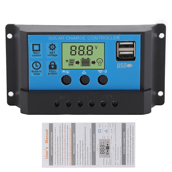 12V 24V Solar Charge Urladdningskontroll PWM LCD-skärm Dubbel USB-utgångsregulator för hemindustribil30A