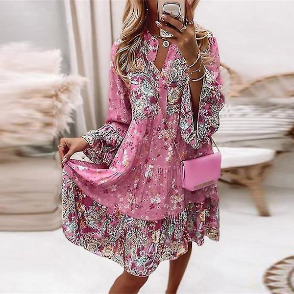 Blommigt mönstrat långärmad tunika klänning för kvinnor - Casual sommar miniklänning XL rosa