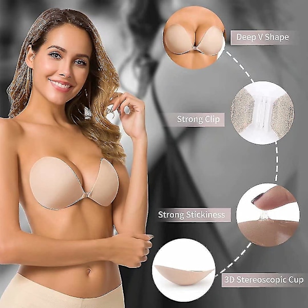 Silikon-lim Push Up Strapless BH med Brystvorter Deksel for Ryggløs Kjole - Naken