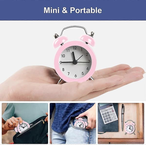 Rosa mini retro analog väckarklocka, batteridriven tyst sängklocka för sovrum vardagsrum kök
