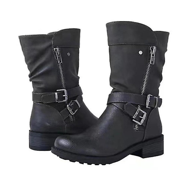 Wide Mid Calf Black Biker Boots for Women - Size 41