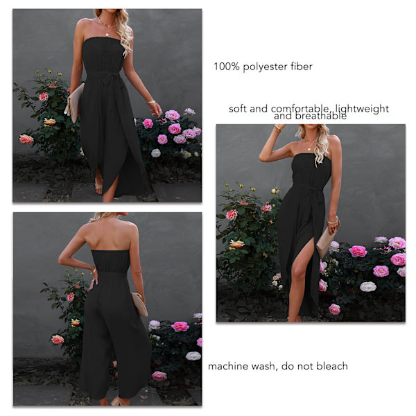 Dame Off Shoulder Croppede Jumpsuit Tube Top Playsuit Spidskant Casual Løstsiddende med Bælte til Daglig Arbejdsfest L Sort