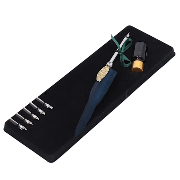 Quill Pen Set Utsökt fjäderdesign Retro ihålig kalligrafipenna med tom bläckflaska Metallspets SP101033 Marinblå