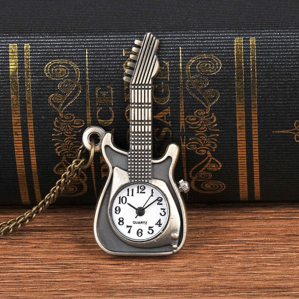 Mini Pronssi Kitara Taskukellot Personliga Halsband Kedja Klockor För Män Kvinnor Barn Bronze Guitar