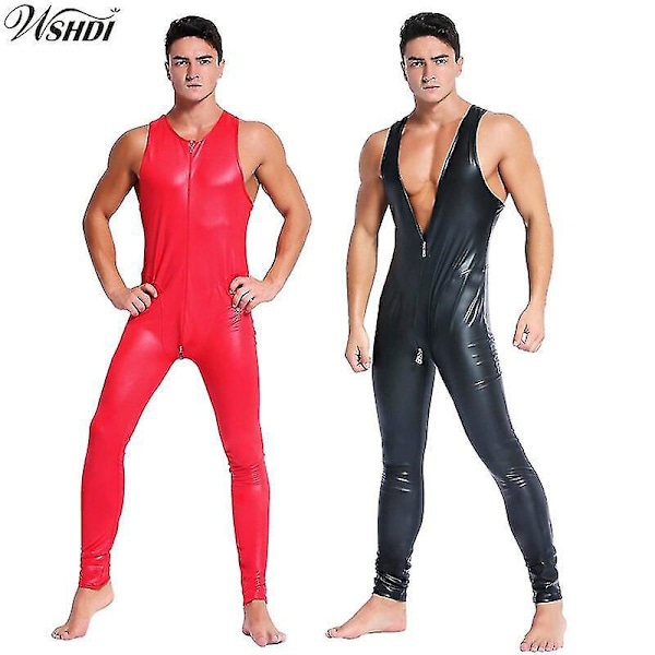 Sexy Svart Skinnende Lær Catsuit for Menn - Hot Glidelås Åpen Skritt Jumpsuit XXXL