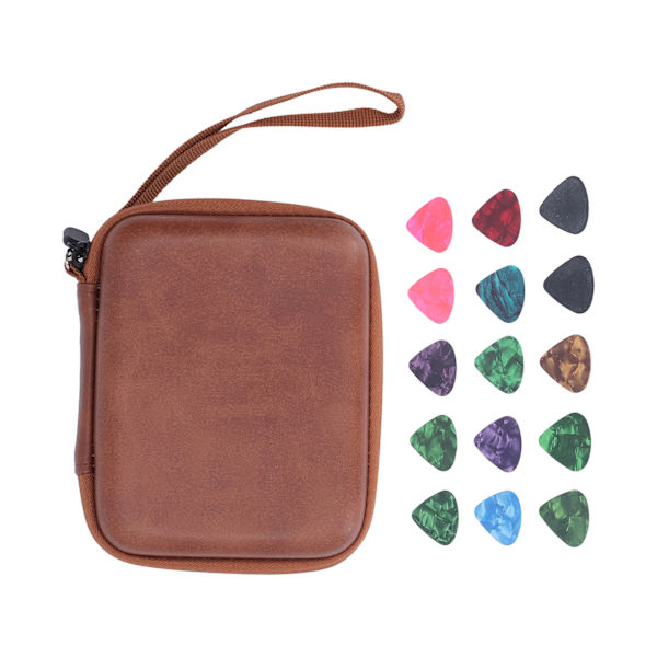 Guitar Pick Bag Set Celluloid Picks Förvaringsväska Hållare Fodral PU Läder för instrumenttillbehör Brun