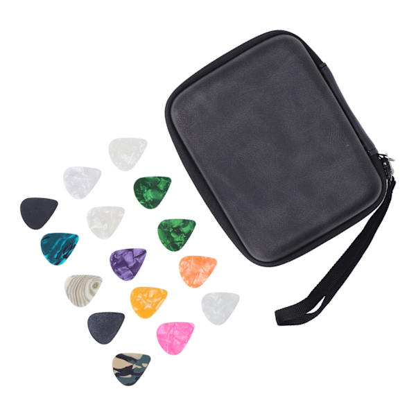 Guitar Pick Bag Set Celluloid Picks Förvaringsväska Hållare Fodral PU Läder för instrumenttillbehör Svart