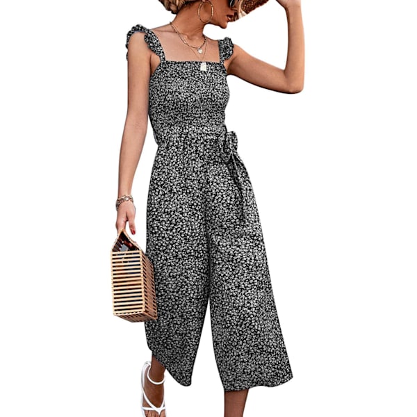 Kvinders sommer jumpsuit med rynket talje, bælte, 2 lommer, brede ben, blomsterprint bukser