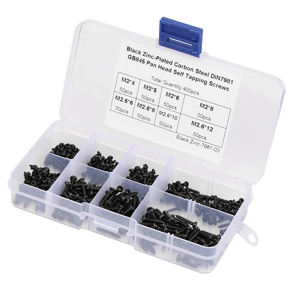 400 st Svart M2/M2.6 Cross Pan Head Självgängande skruvar Set Sortiment Kit