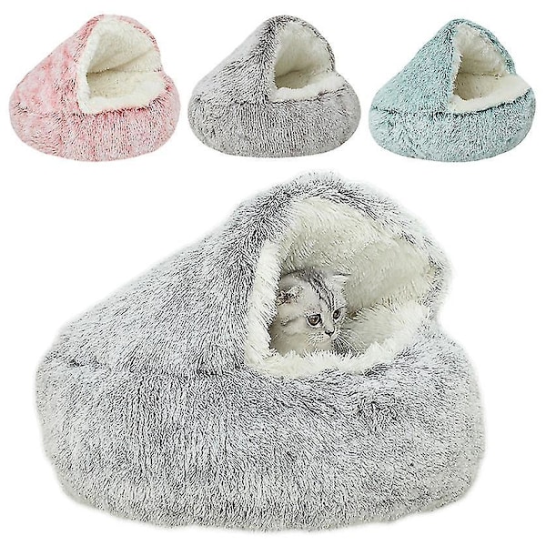 Mysig 2-i-1 huvad grottbädd för små katter och hundar, mjuk plysch husdjurshus, varm vinterretreat - Rosa 40cm