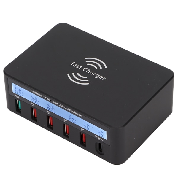 USB-telefonopladerblok 40W 6-ports QC 3.0 Opladningshub Trådløs opladningsbase med LCD Dispaly 100‑240V Sort EU-stik