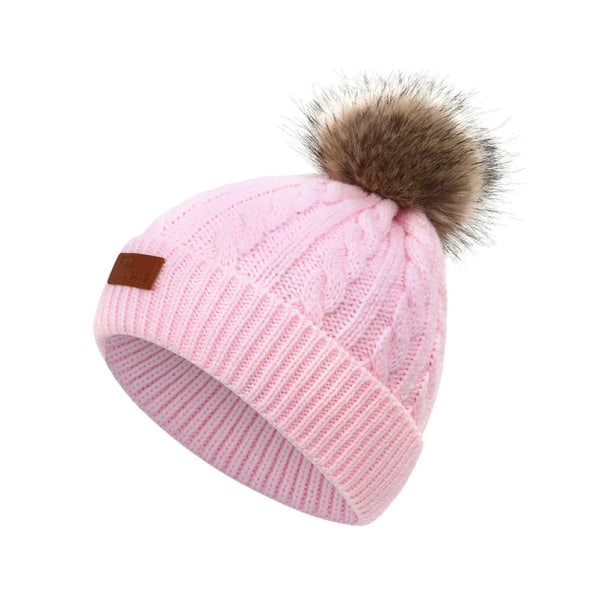 Børn varm strikket pels Pom Bobble Hat Dreng Piger Beanie Caps Outdoor - Pink