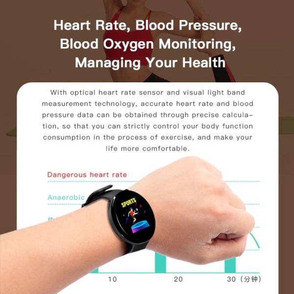 D18 smart armband färg rund skärm puls blodtryck sömnövervakning stegräknare sport smart watch 1,44 tum-z blue