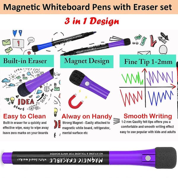 12 Whiteboardpennor, magnetiska whiteboardpennor med suddgummi