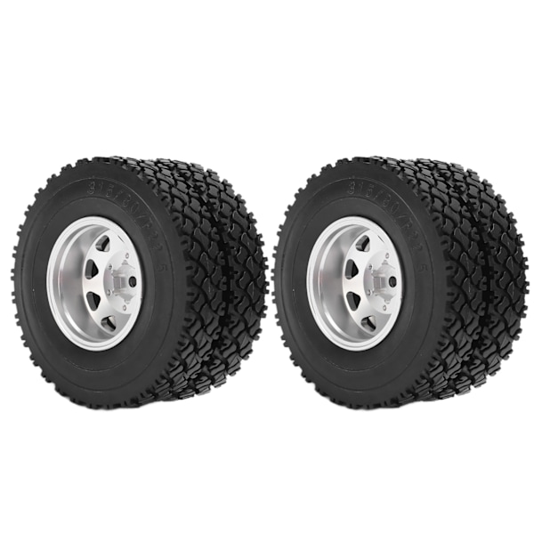 2 kpl RC-alumiiniseos takarenkaiden navat vanteilla ja kumirenkailla Tamiya 1/14 traktorin, kaatoauton ja perävaunun mallille - Hopea