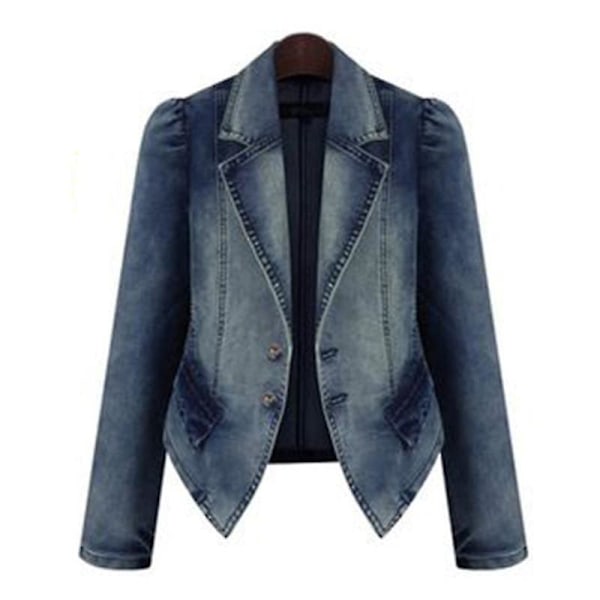 Blå Denimjacka för kvinnor, Kavajslag Casual Ytterkläder - Plus Size 3XL