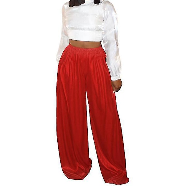 Metallic Color Wide Leg Pants - Women's Fashion Bronzing Trousers XL Red