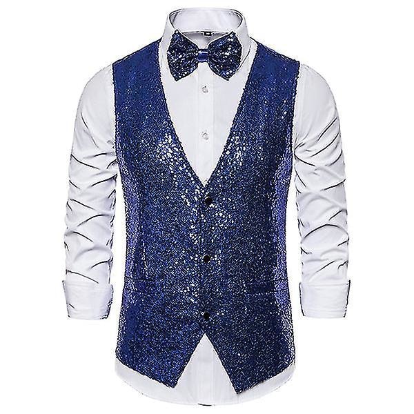 Blå V-hals Sequin Festkjole Dress Vest for Menn